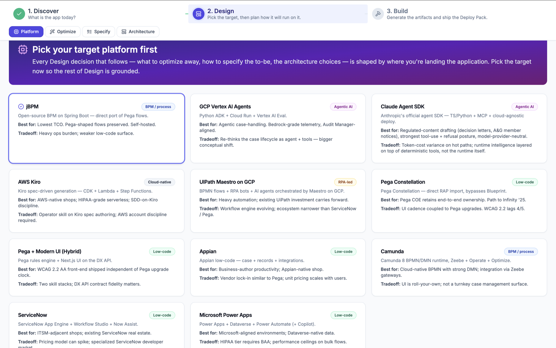 Pyze Foundry — Design stage: pick your target platform for a Pega migration